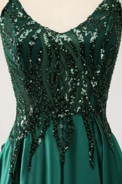 Sequins Dark Green A-Line Spaghetti Straps Long Prom Dress