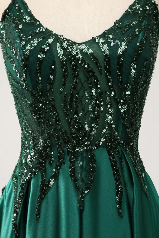 Sequins Dark Green A-Line Spaghetti Straps Long Prom Dress