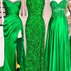 Sequins Sparkly Green Mermaid Square Neck Prom Dress with Slit