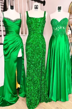 Sequins Sparkly Green Mermaid Square Neck Prom Dress with Slit