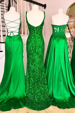 Sequins Sparkly Green Mermaid Square Neck Prom Dress with Slit