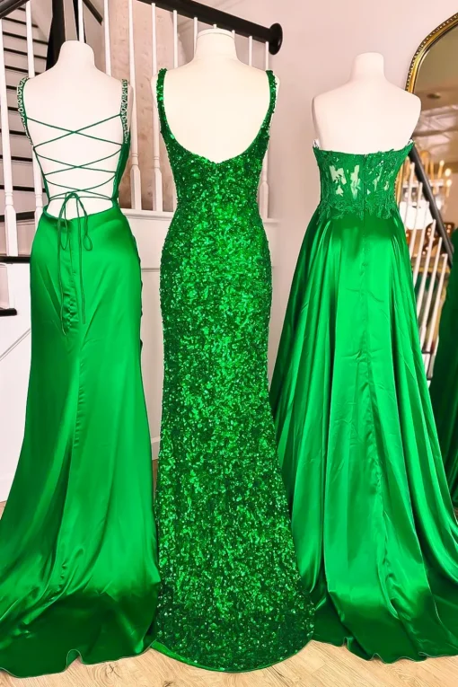 Sequins Sparkly Green Mermaid Square Neck Prom Dress with Slit