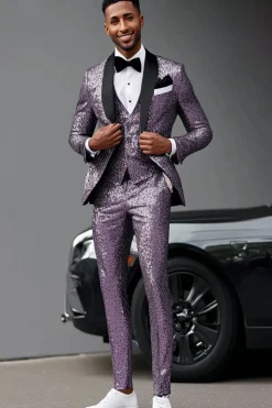 Shawl Lapel 3 Pieces Glitter Purple Men's Prom Suits