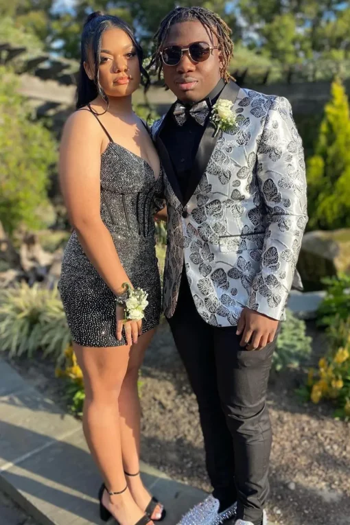 Shawl Lapel Floral Silver One Button 2 Piece Prom Suits for Men