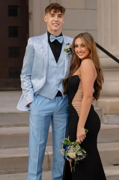 Shawl Lapel Light Blue Jacquard 3-Piece Men's Prom Suits