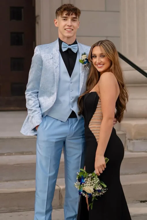 Shawl Lapel Light Blue Jacquard 3-Piece Men's Prom Suits