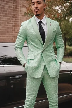 Shawl Lapel Light Green Sparkly Beaded 2 Pieces Men's Suits with One Button