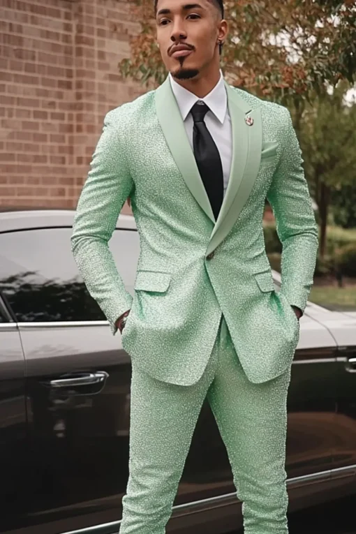 Shawl Lapel Light Green Sparkly Beaded 2 Pieces Men's Suits with One Button