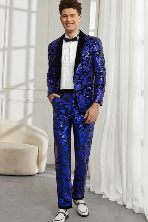 Shawl Lapel One Button Royal Blue Sequins Men's 2 Pieces Suits