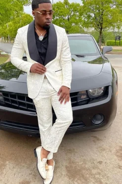 Shawl Lapel White Jacquard Men's Prom Suits