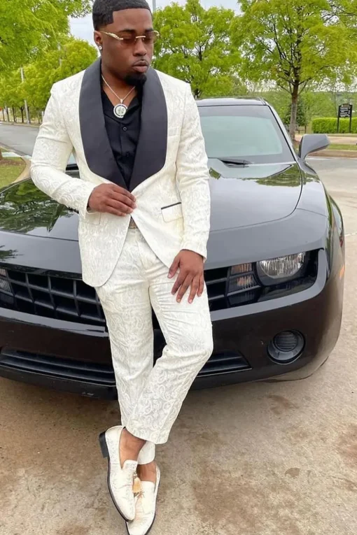 Shawl Lapel White Jacquard Men's Prom Suits