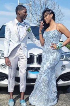 Shawl Lapel White Jacquard 2 Piece Men's Prom Suits