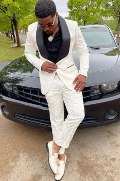 Shawl Lapel White Jacquard Men's Prom Suits