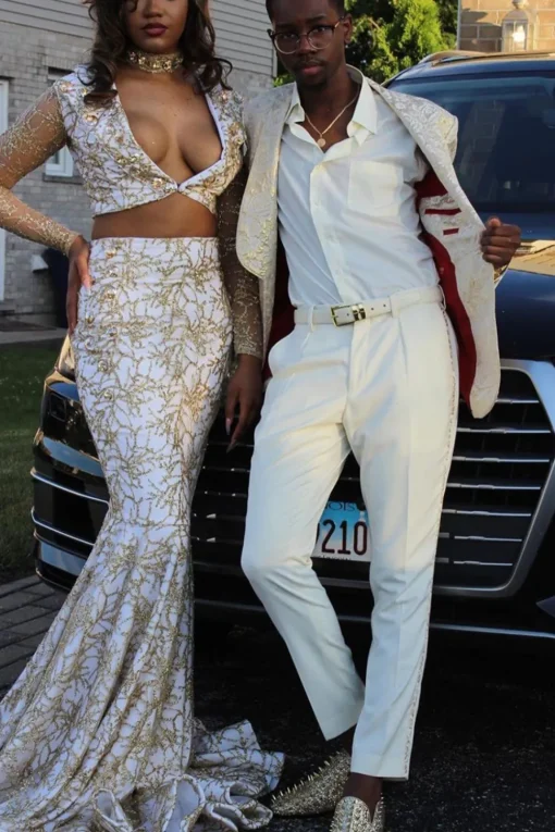Shawl Lapel White Jacquard Men's Prom Suits