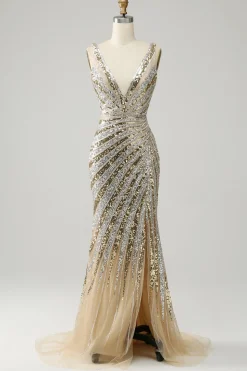Sheath Deep V Neck Golden Beaded Sparkly Prom Dress with Silt