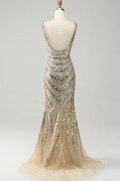 Sheath Deep V Neck Golden Beaded Sparkly Prom Dress with Silt