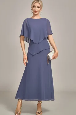 Sheath Scoop Tea-Length Stormy Chiffon Mother of the Bride Dress