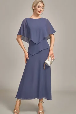 Sheath Scoop Tea-Length Stormy Chiffon Mother of the Bride Dress