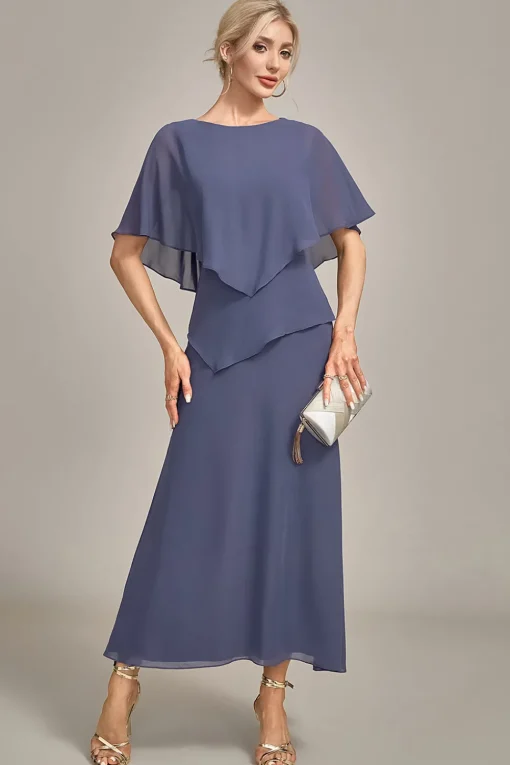 Sheath Scoop Tea-Length Stormy Chiffon Mother of the Bride Dress
