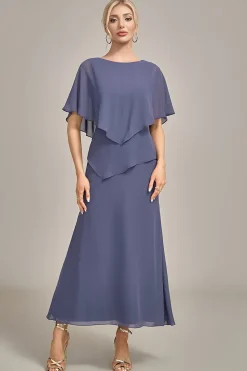 Sheath Scoop Tea-Length Stormy Chiffon Mother of the Bride Dress