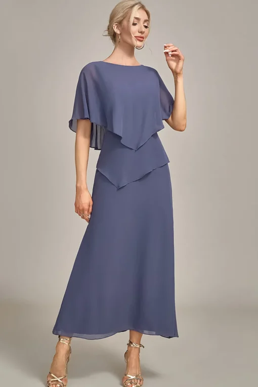 Sheath Scoop Tea-Length Stormy Chiffon Mother of the Bride Dress