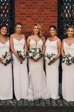 Sheath Spaghetti Strap Ivory Draped Long Bridesmaid Dress