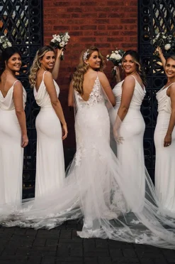 Sheath Spaghetti Strap Ivory Draped Long Bridesmaid Dress