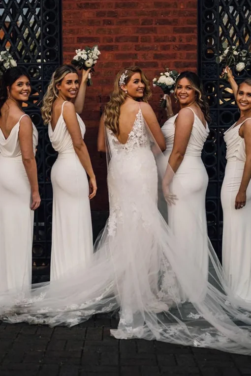 Sheath Spaghetti Strap Ivory Draped Long Bridesmaid Dress