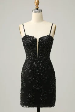 Sheath Spaghetti Straps Black Sequins Short Homecoming Dress with Criss Cross Back