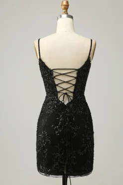 Sheath Spaghetti Straps Black Sequins Short Homecoming Dress with Criss Cross Back