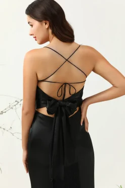 Sheath Spaghetti Straps Black Tea Length Prom Dress with Bowknot