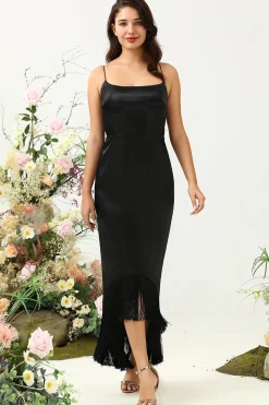 Sheath Spaghetti Straps Black Tea Length Prom Dress with Bowknot