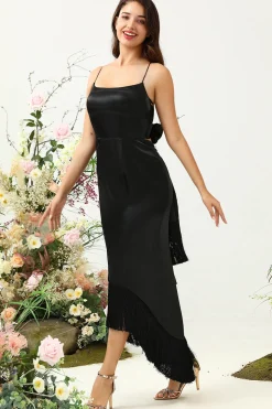 Sheath Spaghetti Straps Black Tea Length Prom Dress with Bowknot