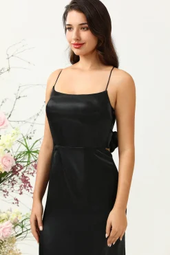 Sheath Spaghetti Straps Black Tea Length Prom Dress with Bowknot
