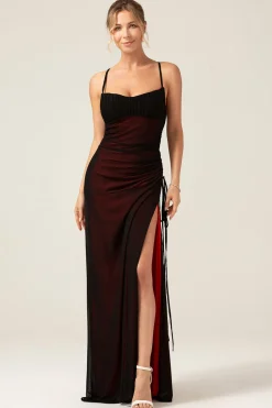 Sheath Spaghetti Straps Floor Length Black Red Bridesmaid Dress