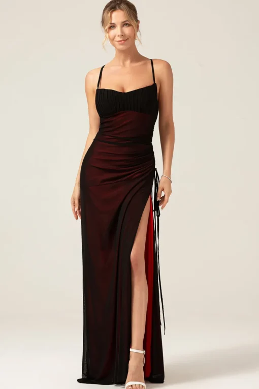 Sheath Spaghetti Straps Floor Length Black Red Bridesmaid Dress