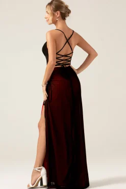 Sheath Spaghetti Straps Floor Length Black Red Bridesmaid Dress