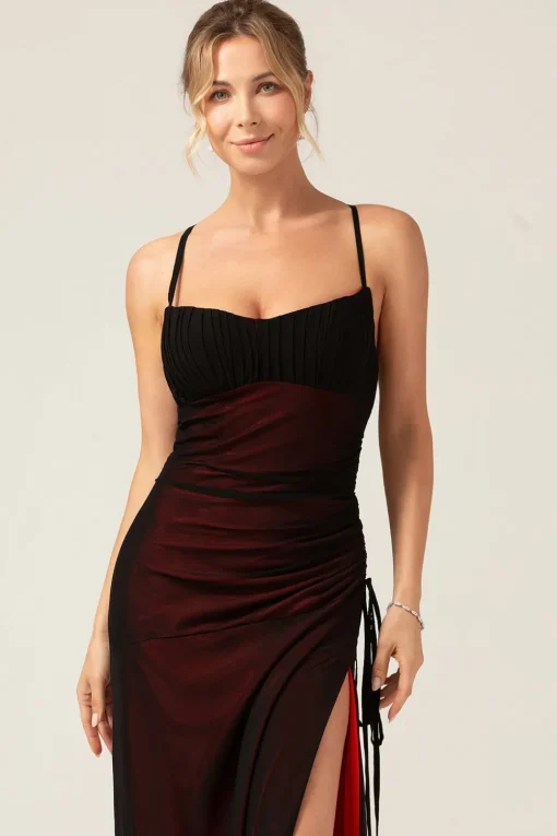 Sheath Spaghetti Straps Floor Length Black Red Bridesmaid Dress