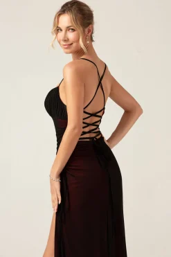 Sheath Spaghetti Straps Floor Length Black Red Bridesmaid Dress