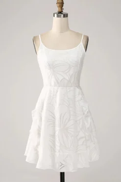 Sheath Spaghetti Straps Mini White Graduation Dress with Floral