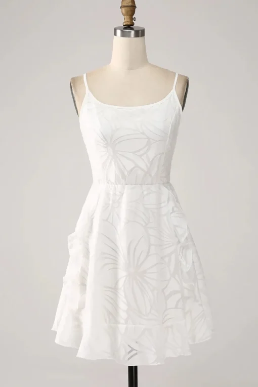 Sheath Spaghetti Straps Mini White Graduation Dress with Floral