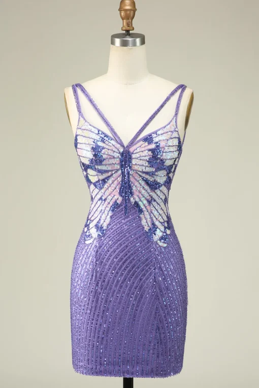 Sheath Spaghetti Straps Purple Sequins Short Graduation Dress
