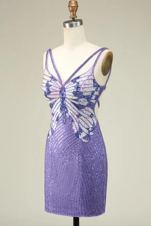 Sheath Spaghetti Straps Purple Sequins Short Graduation Dress