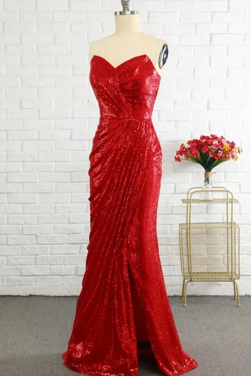 Sheath Sweetheart Red Sequins Prom Dress with Sequins