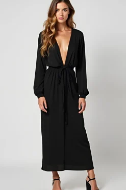Sheath V-Neck Ruched Long Black Tie Dress