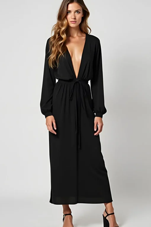 Sheath V-Neck Ruched Long Black Tie Dress