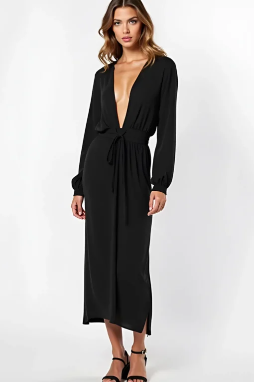Sheath V-Neck Ruched Long Black Tie Dress