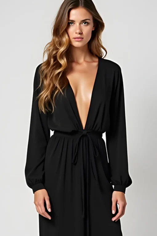 Sheath V-Neck Ruched Long Black Tie Dress