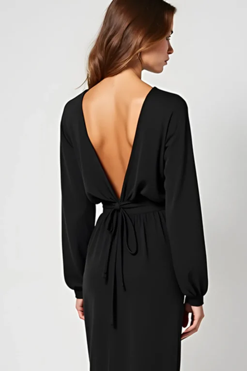 Sheath V-Neck Ruched Long Black Tie Dress