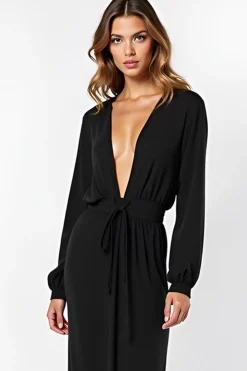 Sheath V-Neck Ruched Long Black Tie Dress